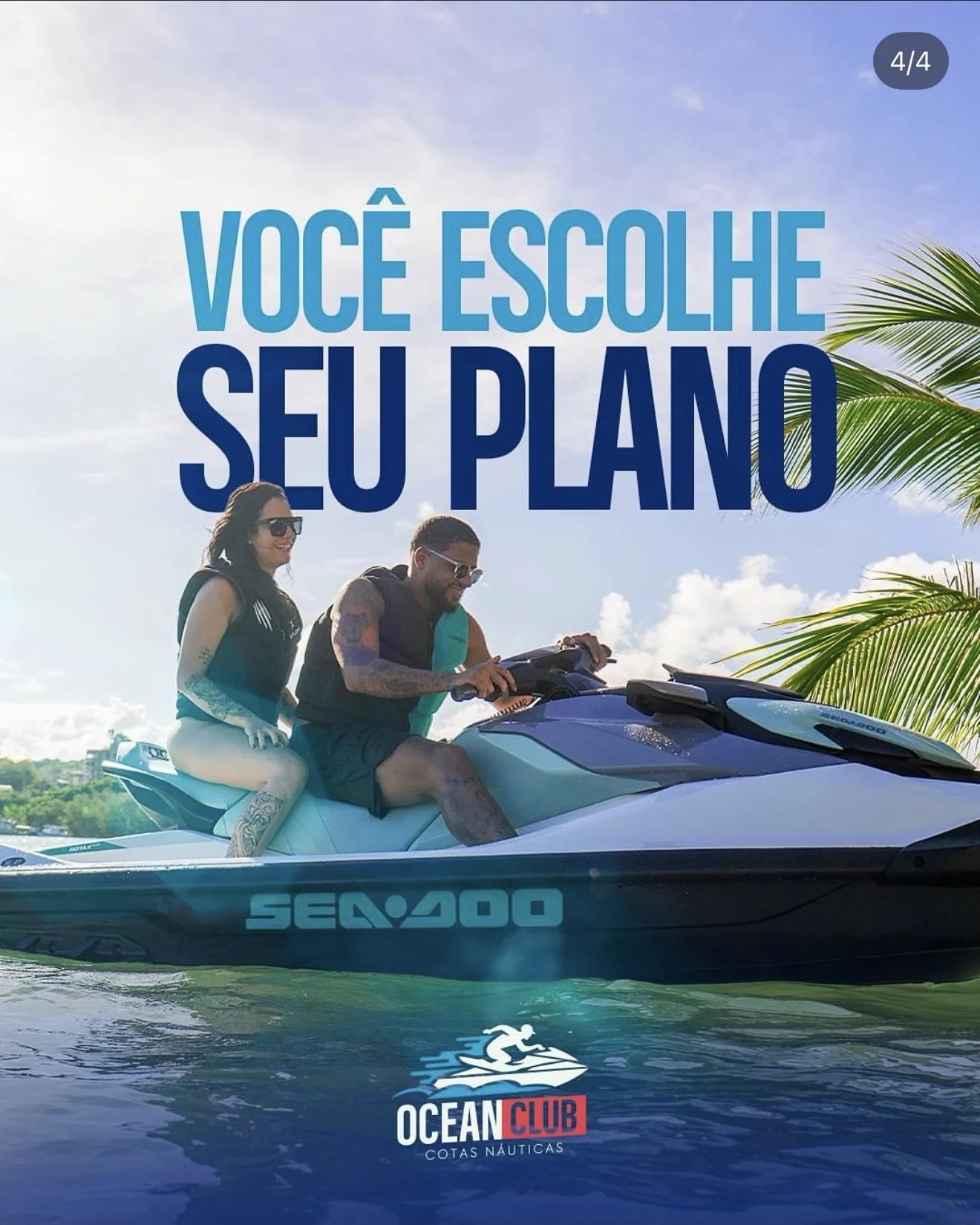 Casal em um jetski com a mensagem escolha seu plano